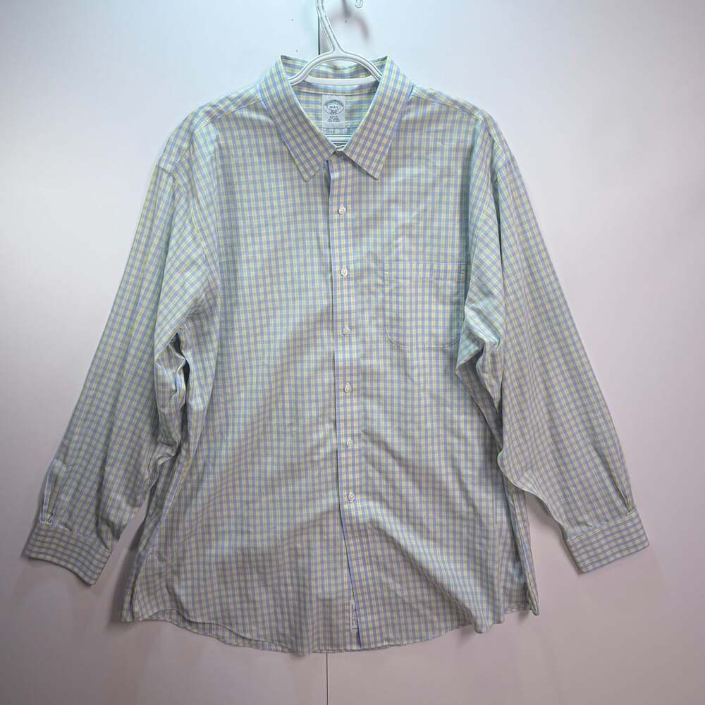 Brooks Brothers 346 Slim Fit Non-Iron Long Sleeve Plaid Dress Shirt Blue/ Yellow